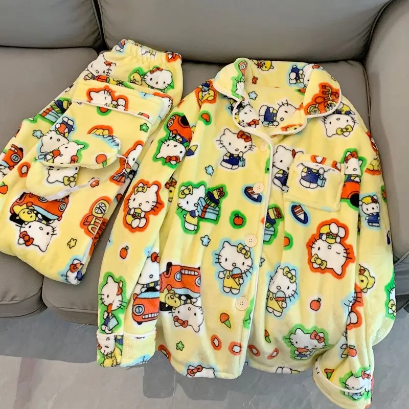 

Cute Sanrio Sleepwear Hello Kittys Accessories Kawaii Anime Autumn Winter Cardigan Padded Loungewear Set Toys for Girls Gift