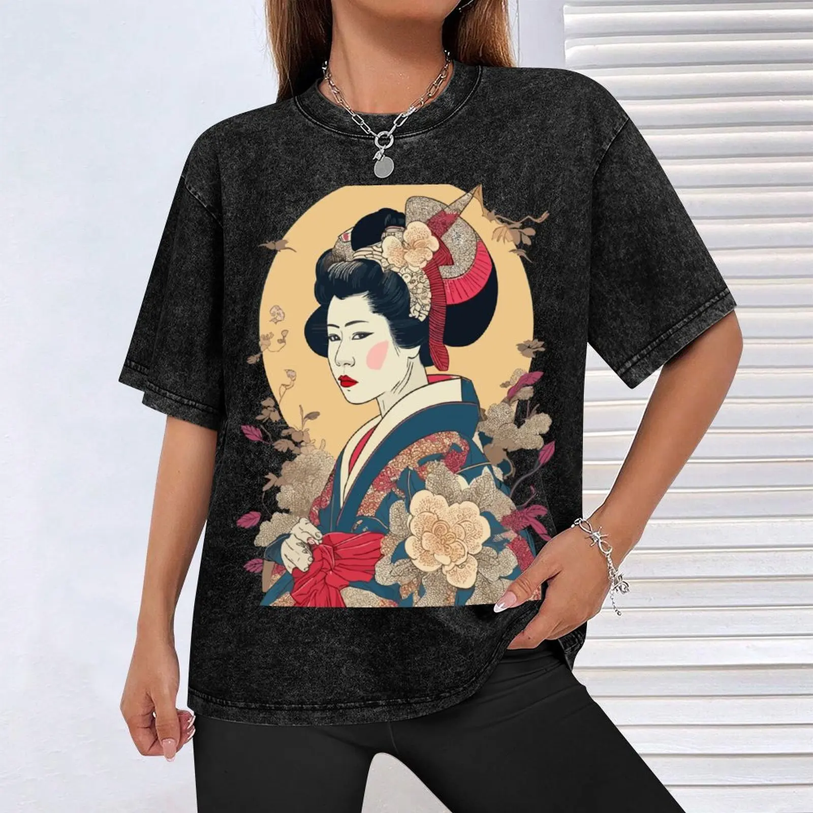Элегантная футболка Grace: Geisha Design от Ukiyo-e Flat T-Shirt большого размера с рисунком