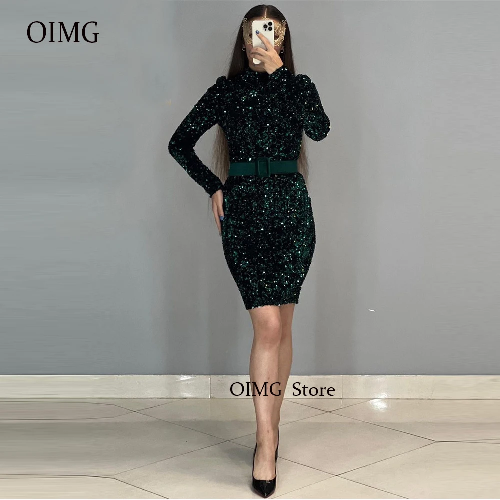 

OIMG Sparkly Emerald Green Sequin Short Evening Party Dresses Long Sleeves High Neck Bling Black Prom Night Cocktail Dress