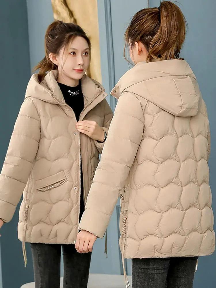 Vielleicht 2023 New Korean Fashion Elegant Women Padded Cotton Coats Hooded Parkas Solid Meidum Long Warm Women Winter Jacket