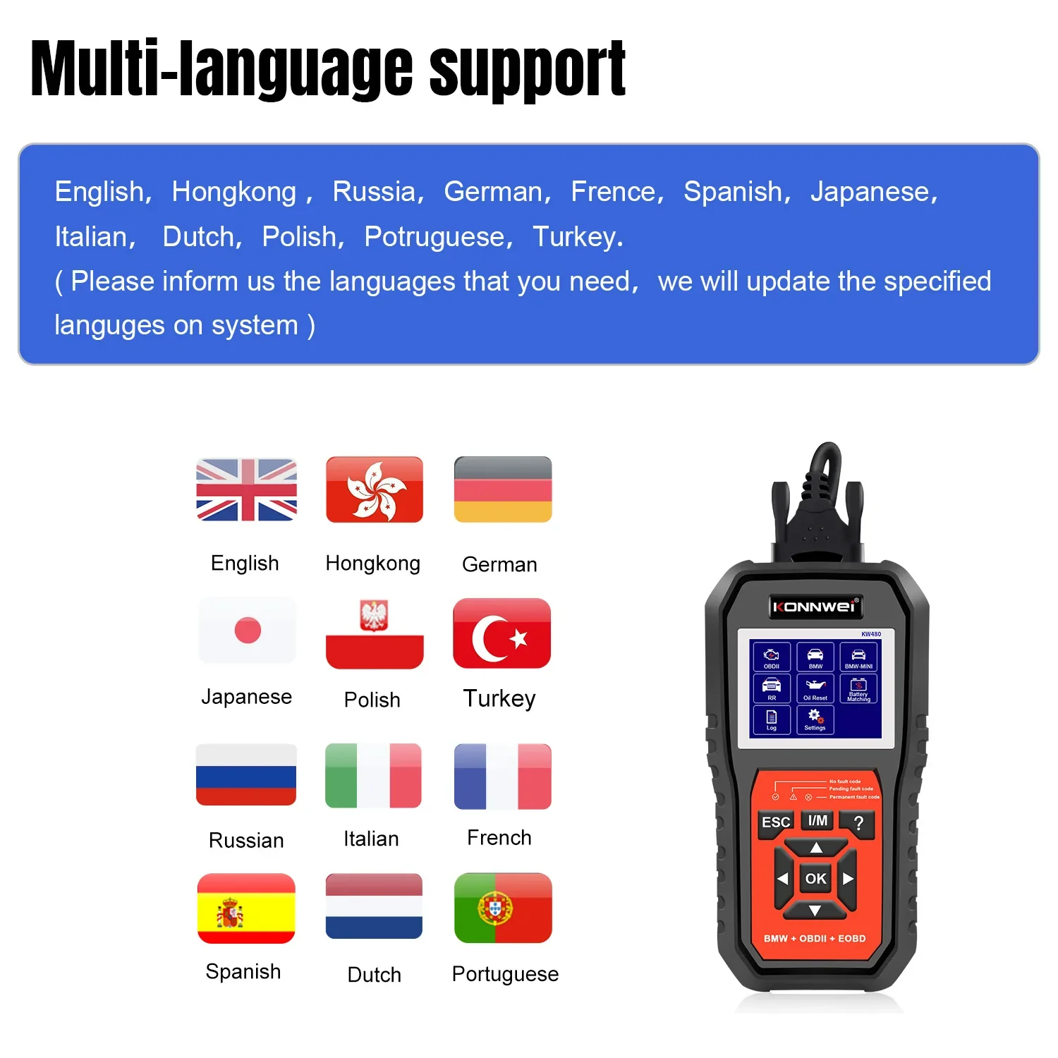 Фото 26 прочных диагностических сканеров KOWWEI KW480 OBD2 для автомобилей, считыватель кодов ODB2, диагностический инструмент для BMW (полная система)/KW208/KW510/KW850/KW206 №3