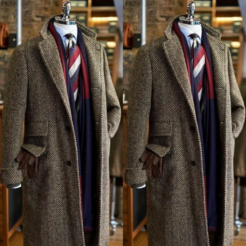 

2022 Newest Brown Mens Suits Overcoat Tweed Notch Lapel Terno Masculino Herringbone Classic Men Overcoat Custom Made Just Jacket