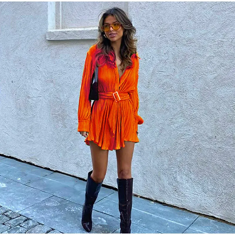 

2022 Women Elegant Single Breasted With Belt Shirt Dress Female Fashion Casual Long Sleeve Mini Dresses Summer Vacation Clothes