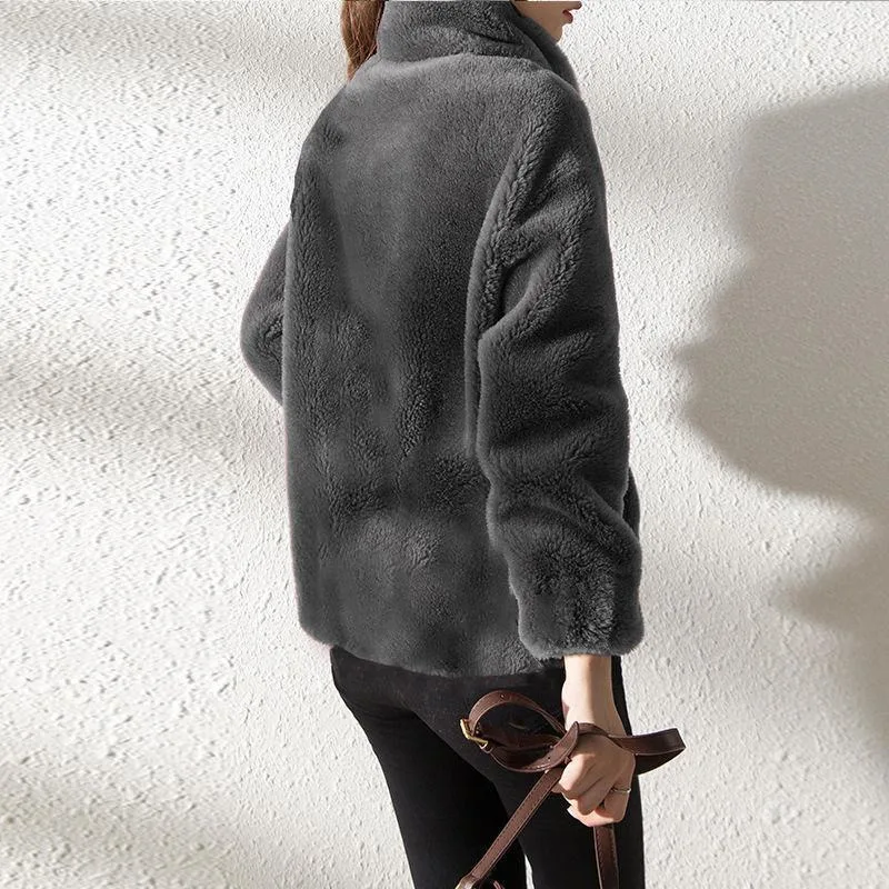 2022 Winter Women's High Quality Plush Thick Warm Faux Fur Coat Casual Loose Stand Collar OverCoat Female Zip Up Cardigan Jacket