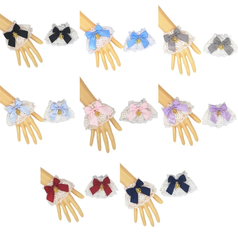 

Handmade Lolita Ruffled Lace Wrist Cuff Sweet Bowknot Heart Pendant Bracelet Wristband Japanese Anime Cosplay Party Hand Sleeves
