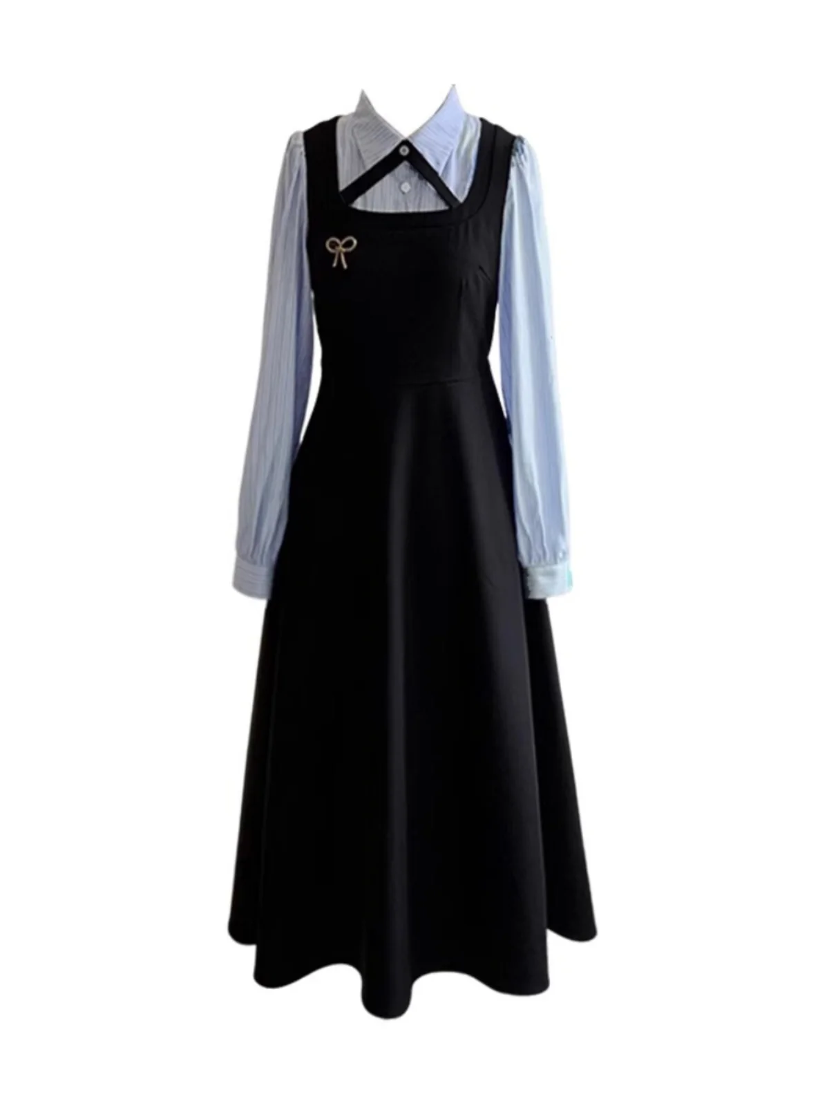 French sle Loose Feeling Wear Dress Women 2024 Autumn and Winter with Coat Waist Hugging Meat Covering Fake Two Pieces Temp...