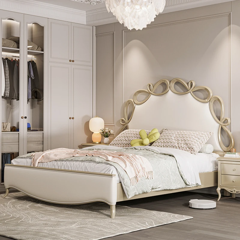 Американская светлая роскошная двуспальная кровать из мягкой кожи для свадьбы