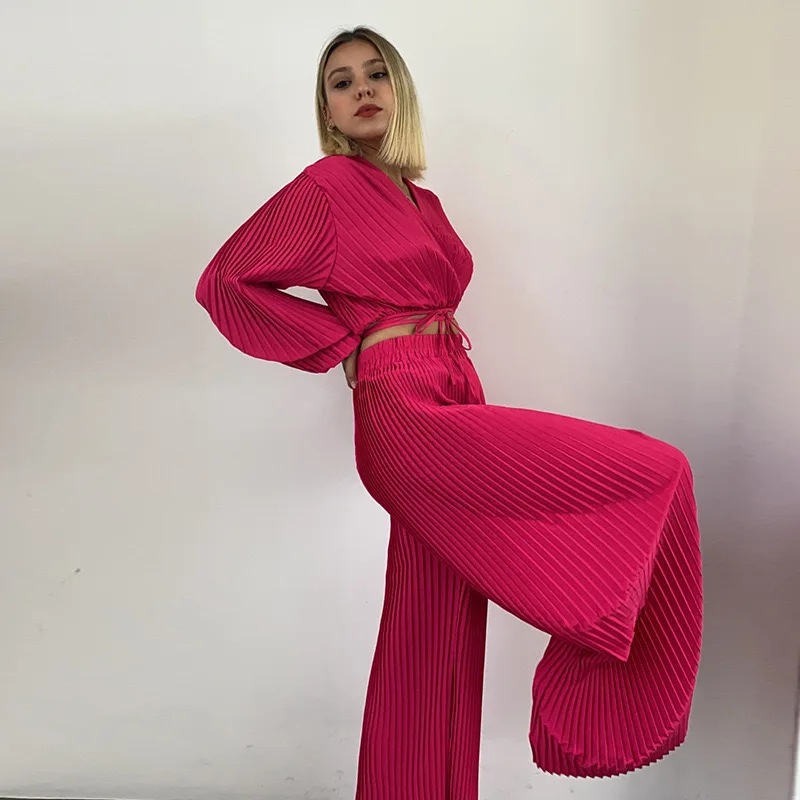 

Europe And The United States Women'S Autumn New Fashion V-Neck Bubble Sleeve Top Wide-Leg Trousers Leisure Suit