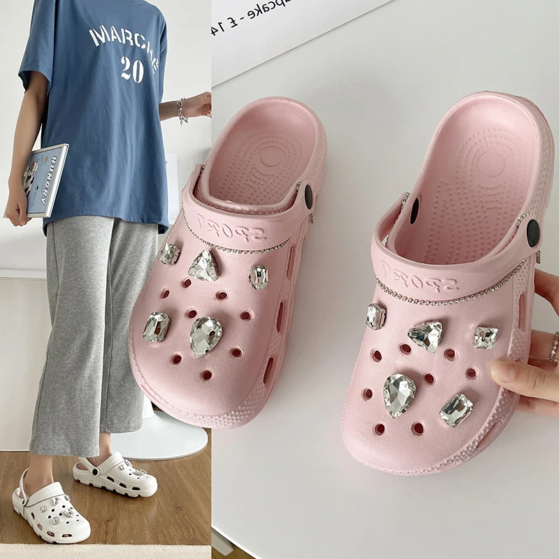 

Sandals 2022 New Women's Summer Hollow Rhinestone Hole Shoes Soft Bottom Flat Bottom Two Wear Sandals All-match