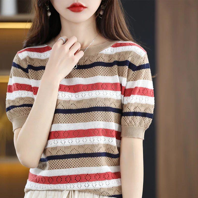 100% Cotton T-Shirt Summer New O Neck Hollow Knit Women's Short Sleeve Sweater Thin Pullover Ladies Top promotion |