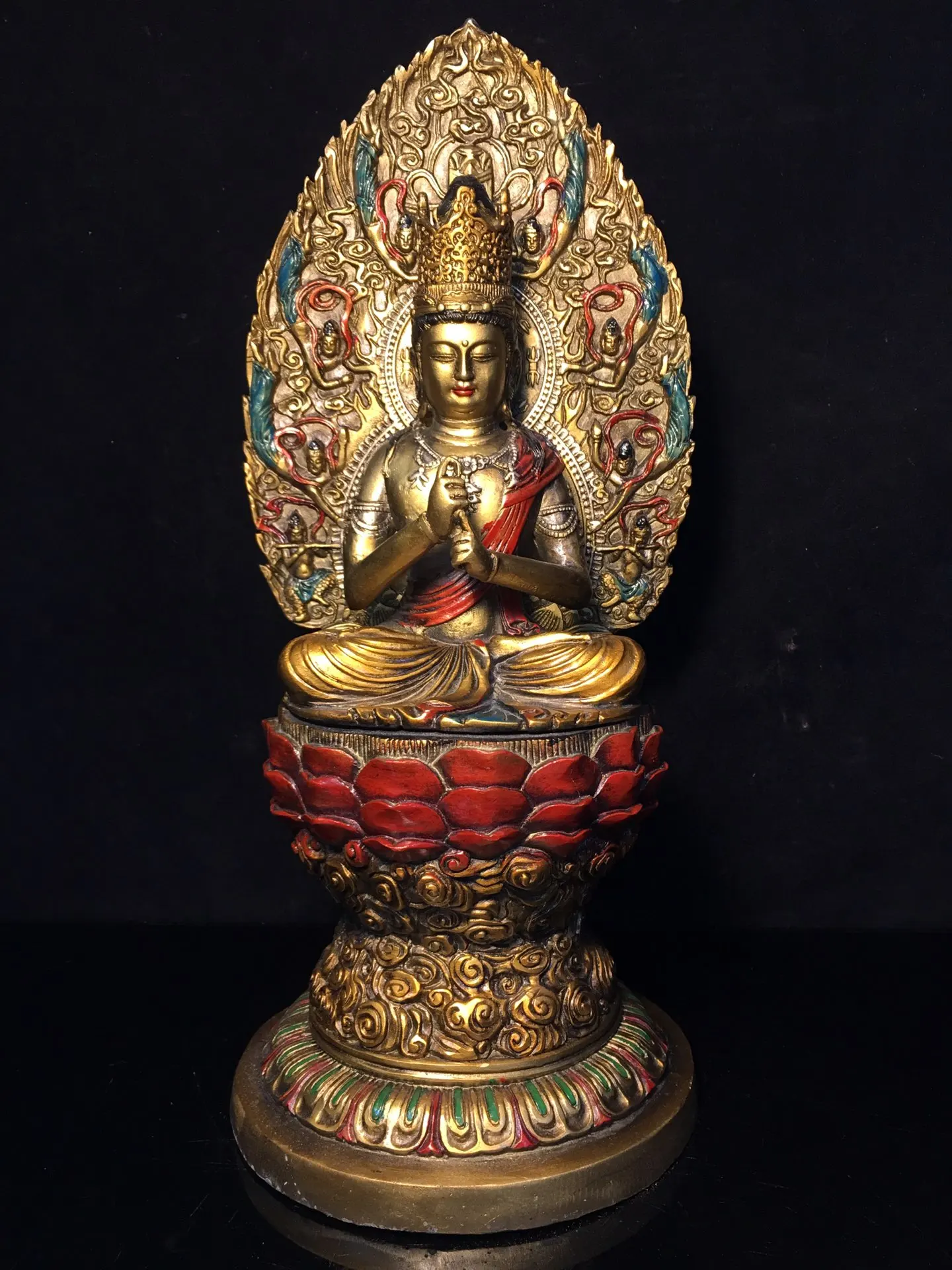 

14"Tibetan Temple Collection Old Bronze Painting Guanyin Bodhisattva Buddha Backlight Lotus Platform Town House Exorcism