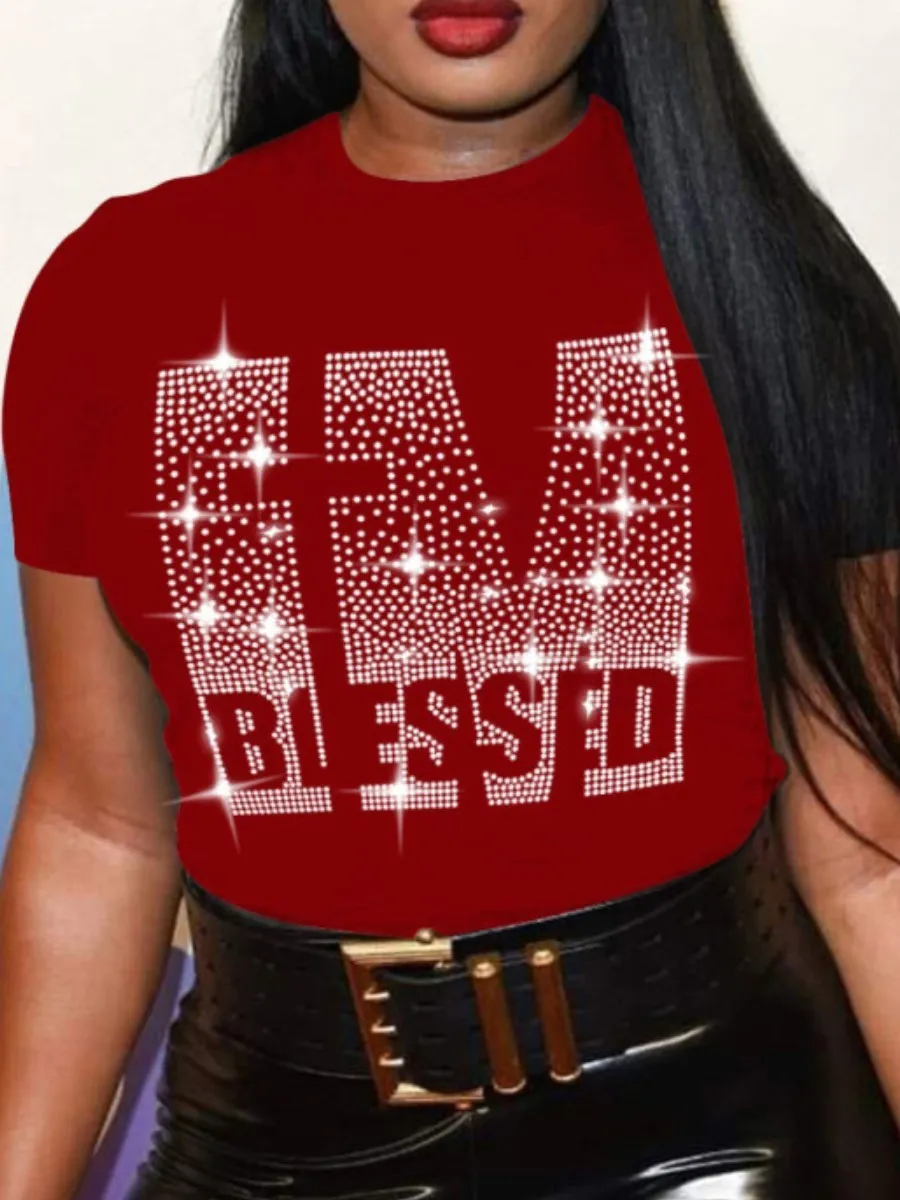 

LW Plus Size Summer Women Round Neck Tee Tops Rhinestone Blessed Letter T-shirt Casual Short Sleeve Crop Tops Sexy T-shirt