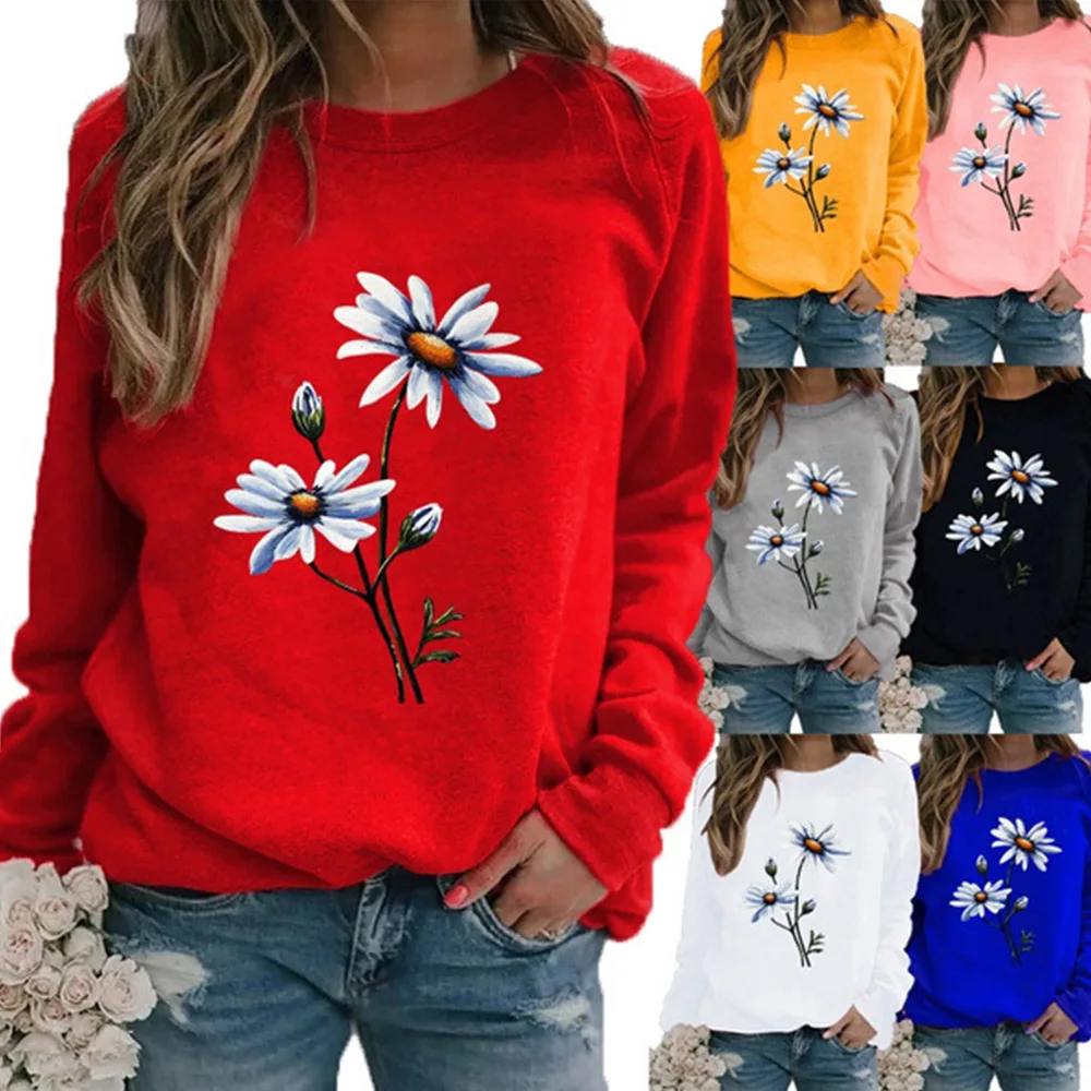 Women Spring Autumn Tee Fashion Clothing Casual Pullover Long Sleeve T-shirt Tops Round Neck Floral Printing Sweatshirt Oversize