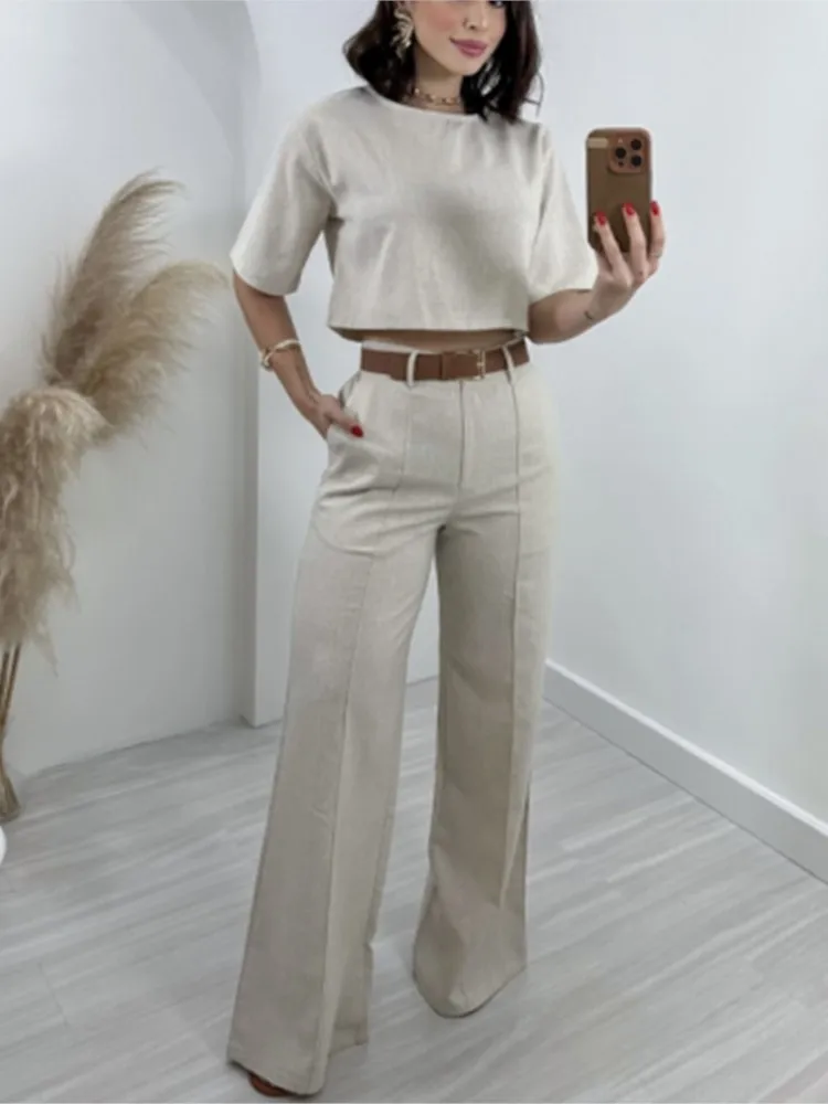 Модный однотонный комплект брюк женский укороченный топ с короткими рукавами и