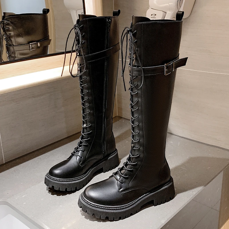

New Hot Women's Combat Boots Black Leather Boots Lace-up Women's Knee-length High Boots Antumn Women's High Heel Gothic Shoesdt6