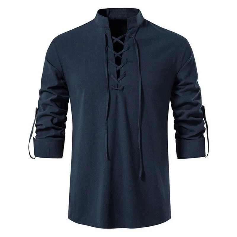 Shirts Lace Up Linen Tops Mens Casual Vintage Medieval Renaissance Solid Loose Soft Cloths