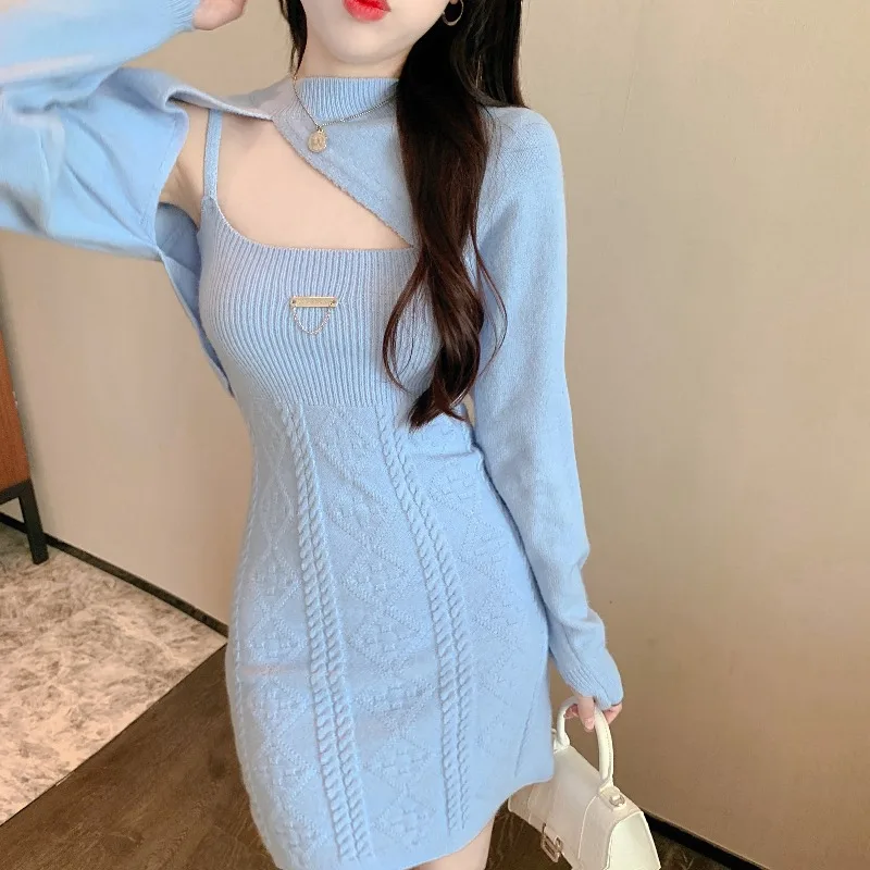 

Sexy Kawaii Sky Blue Sweet Girl Knitted Dress Casual Slim Black Basic Autumn Winter Short Dress Button Sweater Dresses Women