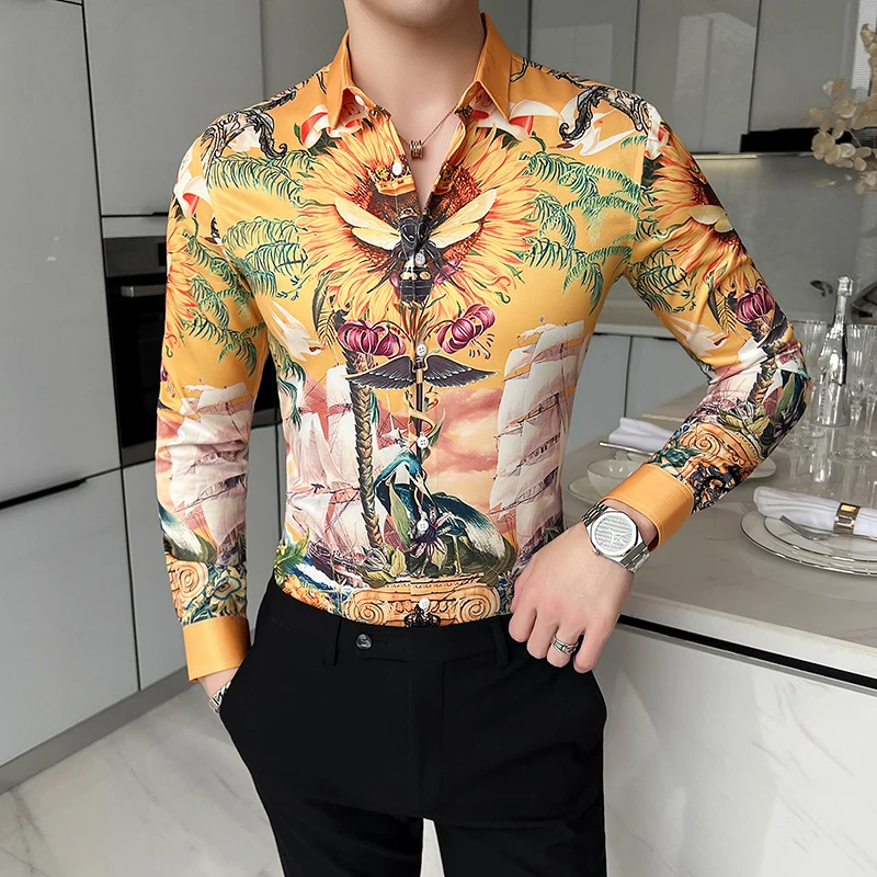 

Camisa Masculina Luxo Print Button Up Long Sleeved Mens Vintage Shirts Spring Fashion Design Slim Fit 4XL Hawaiian Blouses Men