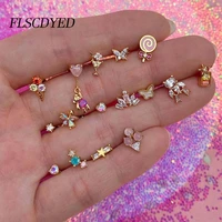 flscdyed creative fruit heart bear shape stud earrings for women fashion korean shiny zircon earring girls charm jewelry gift