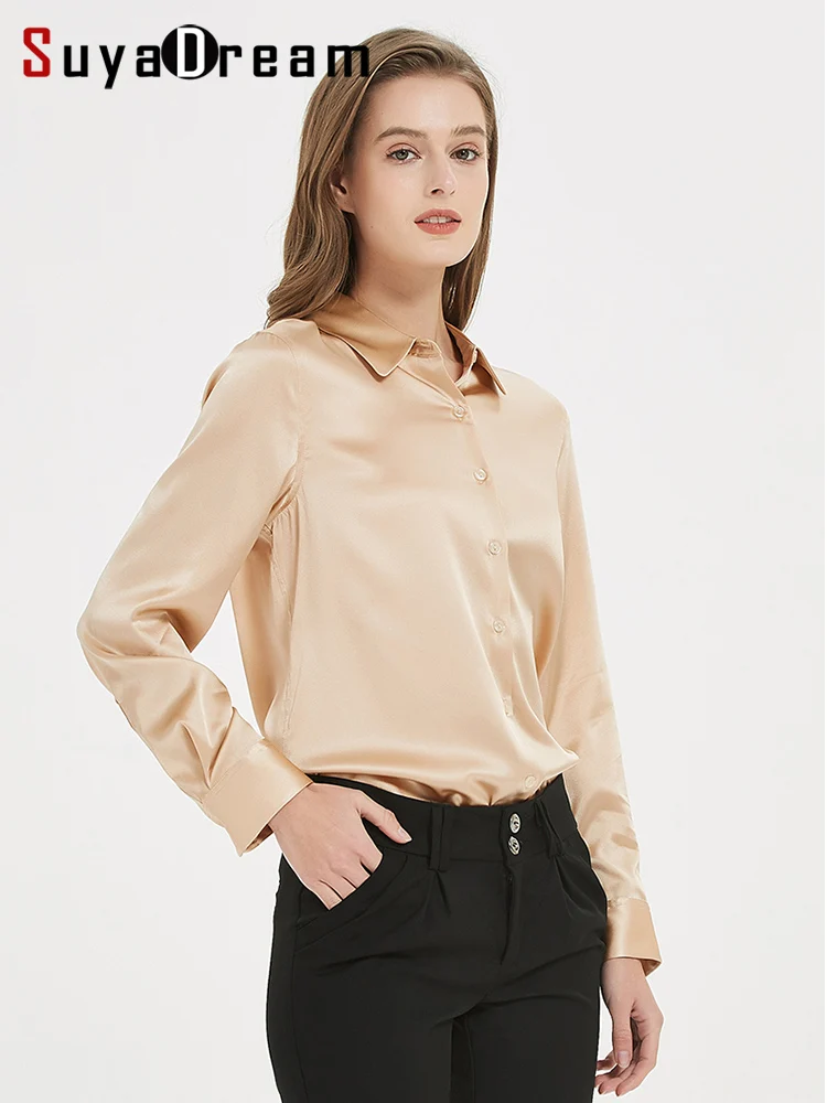 SuyaDream Woman Dress Shirts Woman 95%Silk 5%Spandex Basic Solid Turn Down Collar Chic Blouse Shirt 2022 Spring Fall Top White