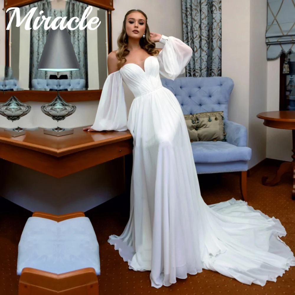 

Boho Beach Elegant Bridal Dress robes Wedding Dress Sweetheart Wedding Gown Long Puffy Sleeves White Ivory de mariée sirène