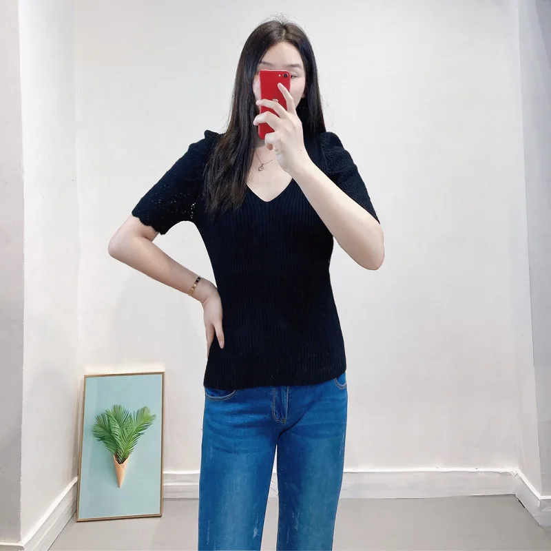 

Puff Sleeves White&Black Color Women Sexy Sweater Summer Short Sleeves Strech Knitting Lady Pullovers Tees