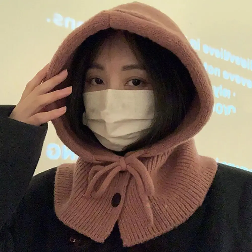 

Winter HatWomen Lace Up Thick Windproof Neck Protection Cap Scarf Combination Knitted Gothic Button Closure Lady Cap