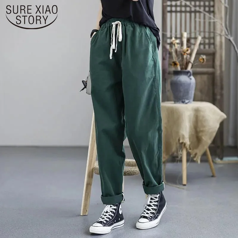 

Однотонные Женские брюки из хлопка и льна в этническом ретро-стиле, Новинка лета 2022, универсальные литературные штаны средней длины, женски...