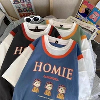 new lovely cartoon printing t shirt loose stitching fake two piece top oversized crewneck couple clothes goth clothes summer