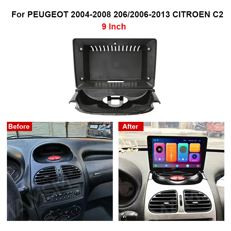 Фото MAMSM для PEUGEOT 2004-2008, 206/2006-2013, CITROEN C2, 9-дюймовая рамка для автомагнитолы 2 DIN, панель приборной панели, накладка на приборную панель №5