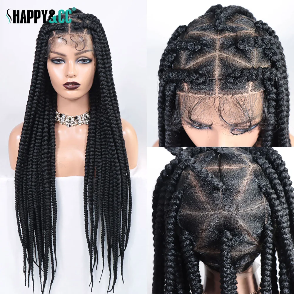 

Плетеные парики, синтетический полный парик на сетке, 30 дюймов, квадратные плетеные косички без узлов в коробке, искусственные косички для женщин, черный цвет, искусственные косички