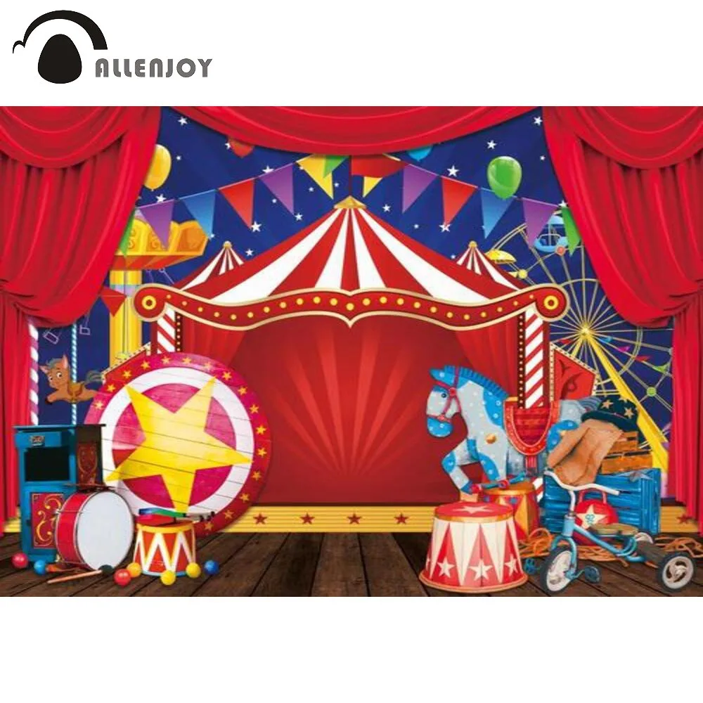 

Allenjoy 1st Circus Birthday Theme Party Background Carnival Curtain Tent Carousel Baby Shower Ferris Wheel Photophone Backdrop