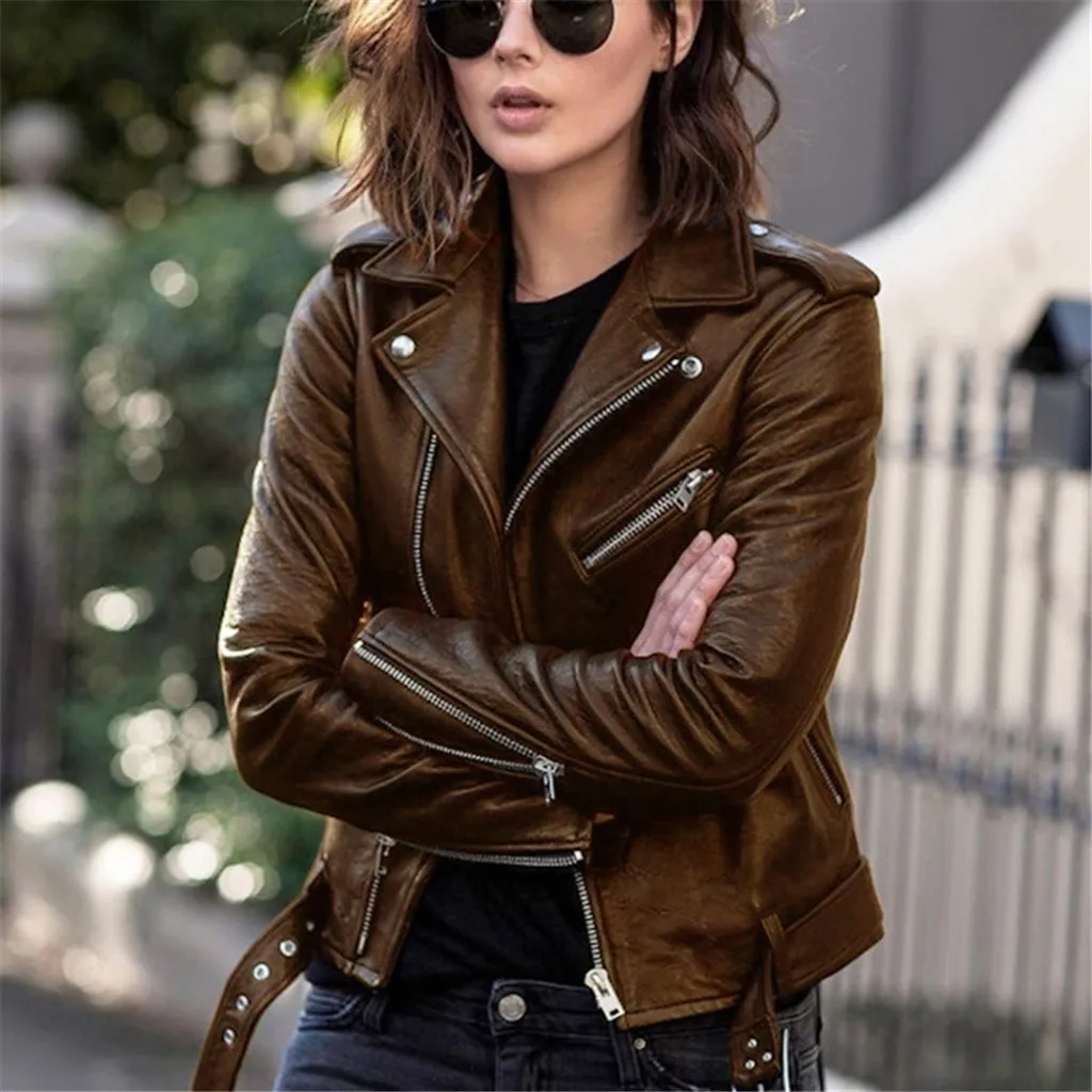 

2022 New Zipper Fitted Coat Fall Short Jacket Women Leather Punk Jacket Long Sleeve Solid Lapel Women Jackets