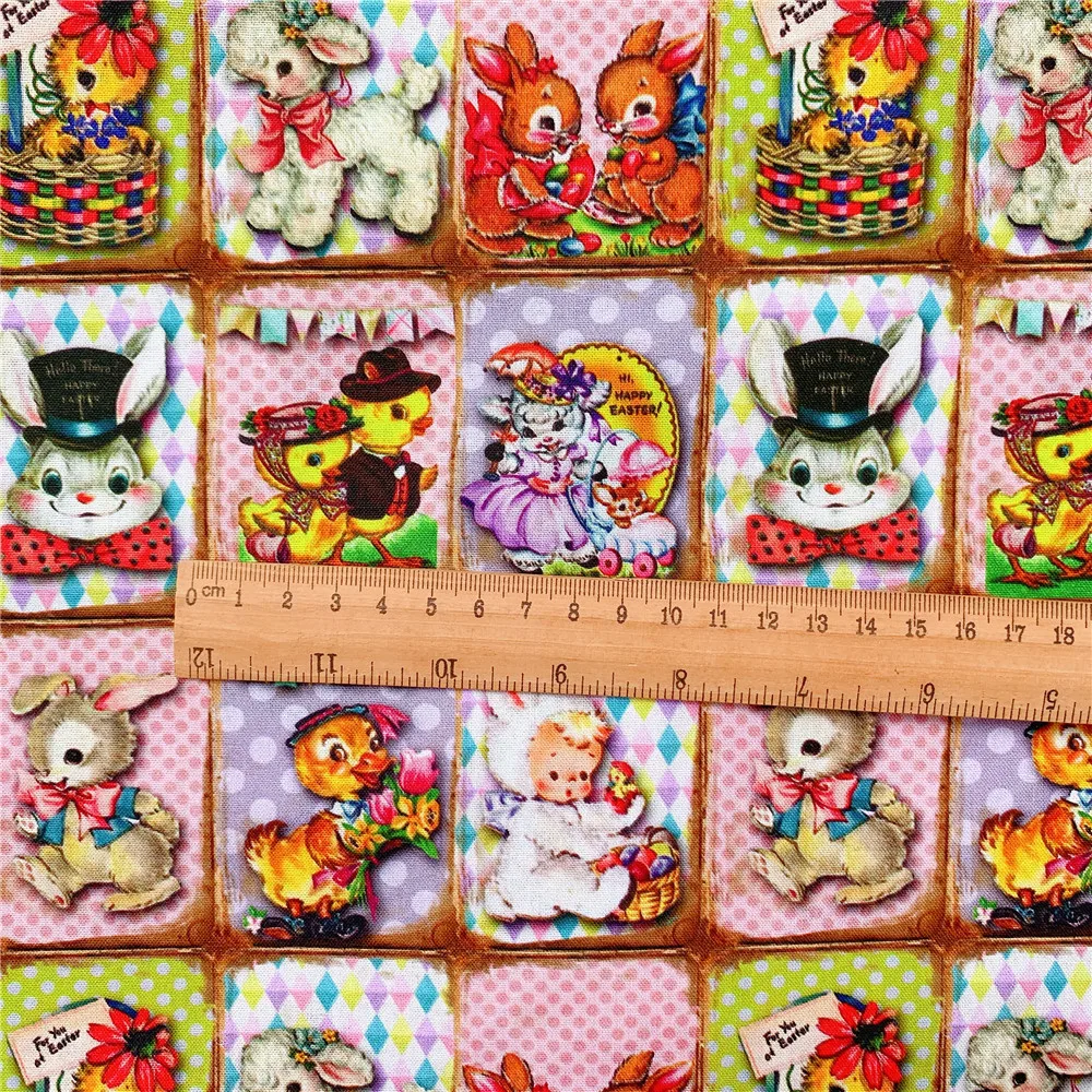 Ткань из хлопка с печатью винтажных животных Утка и Зайчик для шитья, квилтинга, пэчворка, рукоделия, самостоятельного изготовления маски и головных платков.