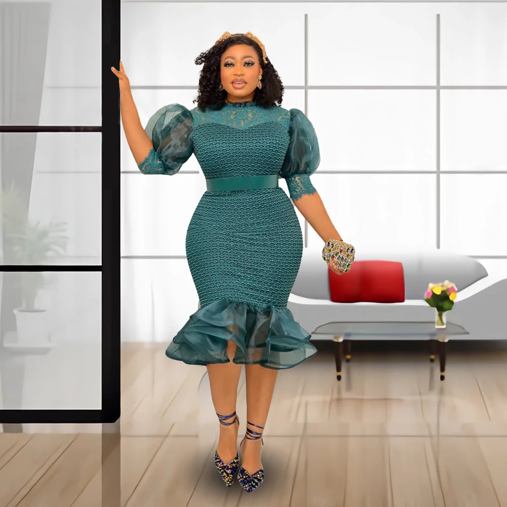 

Вечерние женские платья, новое модное платье с высокой талией и рукавом до локтя, Сетчатое платье в африканском стиле, облегающее элегантное платье с поясом