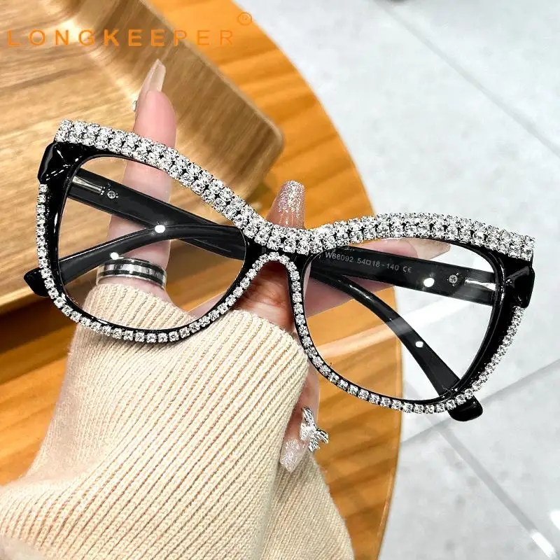 

Longkeeper 2023 Fashion Diamond Anti Blue Light Glasses Frame Men Oversized Cat Eye Glasses Optical Lens Vintage Eyeglasses