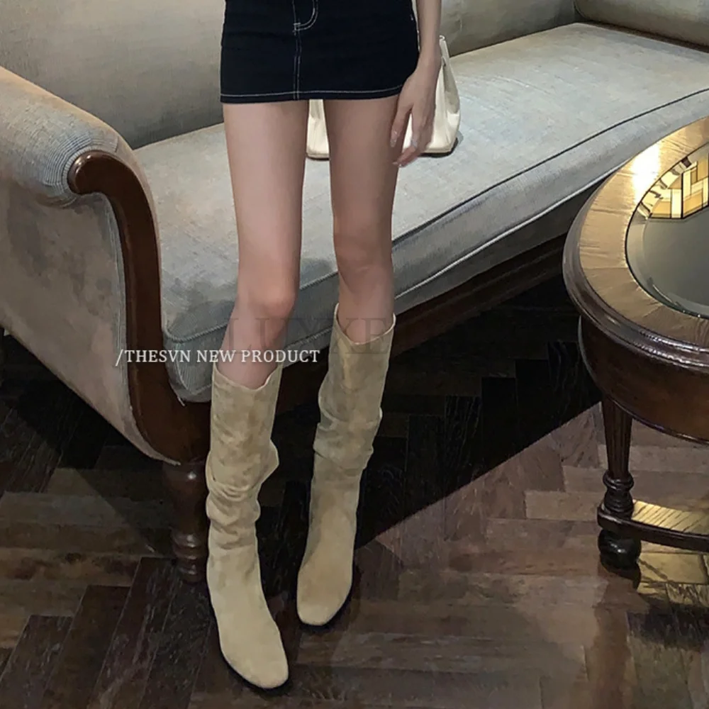 Western Cowboy Boots For Women Pointed Toe Shoes Brand Suede Leather Shoes Knee High Chunky Heel Comfy Walking Boot Woman