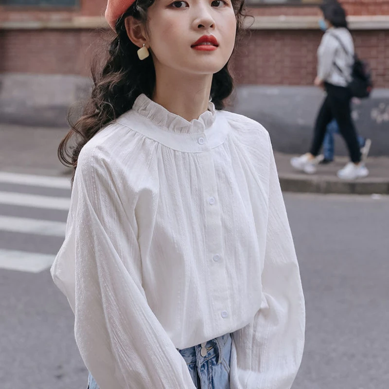 

New Woman Chiffon Ruffles Shirt Blouses Female Long Sleeve Loose White Clothing Blusas Casual Loose Street Shirts Ladies Top G14