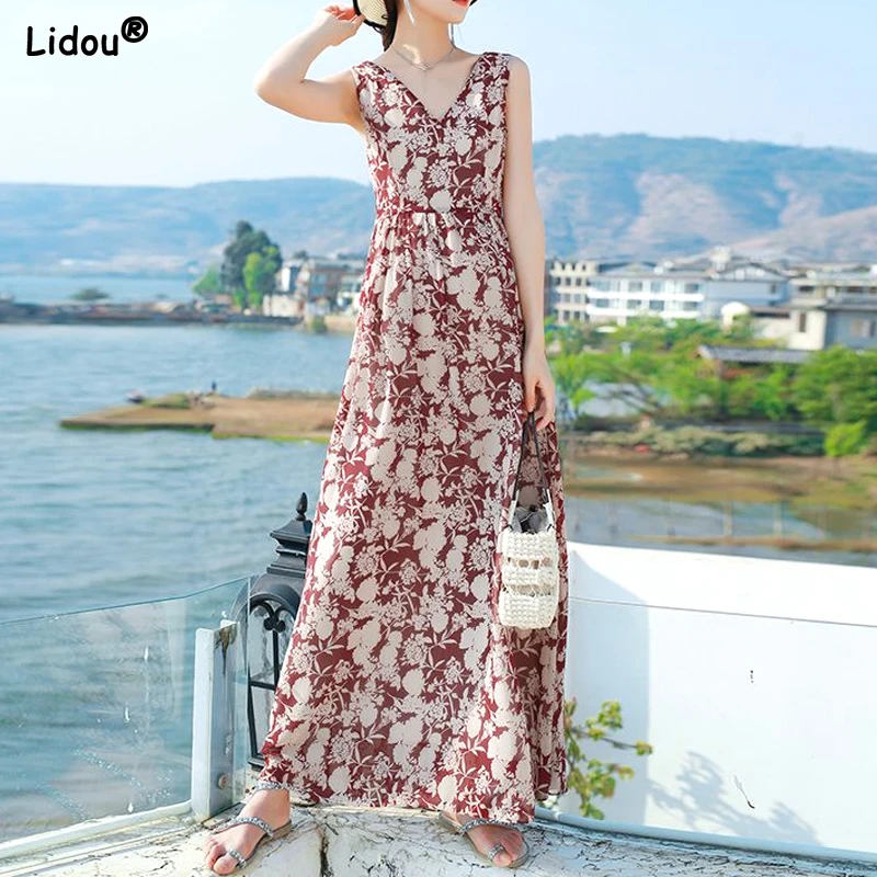 

Temperament Printing Dresses V-neck Dignified Floral Loose Fashion Sleeveless Elegant Pleated Summer Thin Women's Clothing 2023