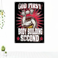 god first body building second workout motivational poster tapestry wall art fitness bodybuilding exercise banner flag gym decor
