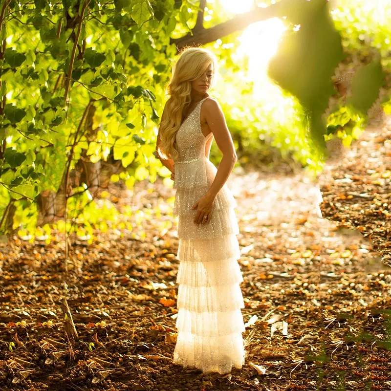 Платье свадебное длинное Плиссированное с глубоким V-образным вырезом блестками