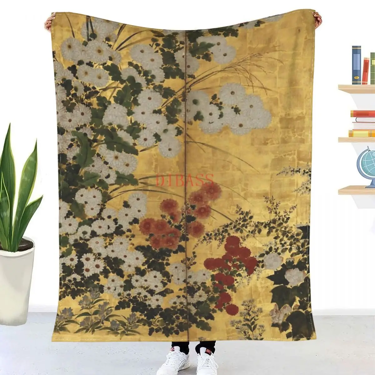 

White Red Chrysanthemums Floral Japanese Gold Screen Print 3D Printed Flannel Throw Blanket