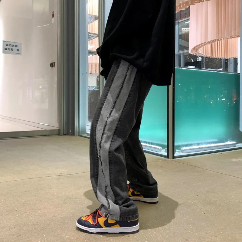 DEEPTOWN Patchwork Jeans Men Black Blue Denim Pants Male Streetwear Hip Hop Loose Causal Straight Trousers Fashion Spliced