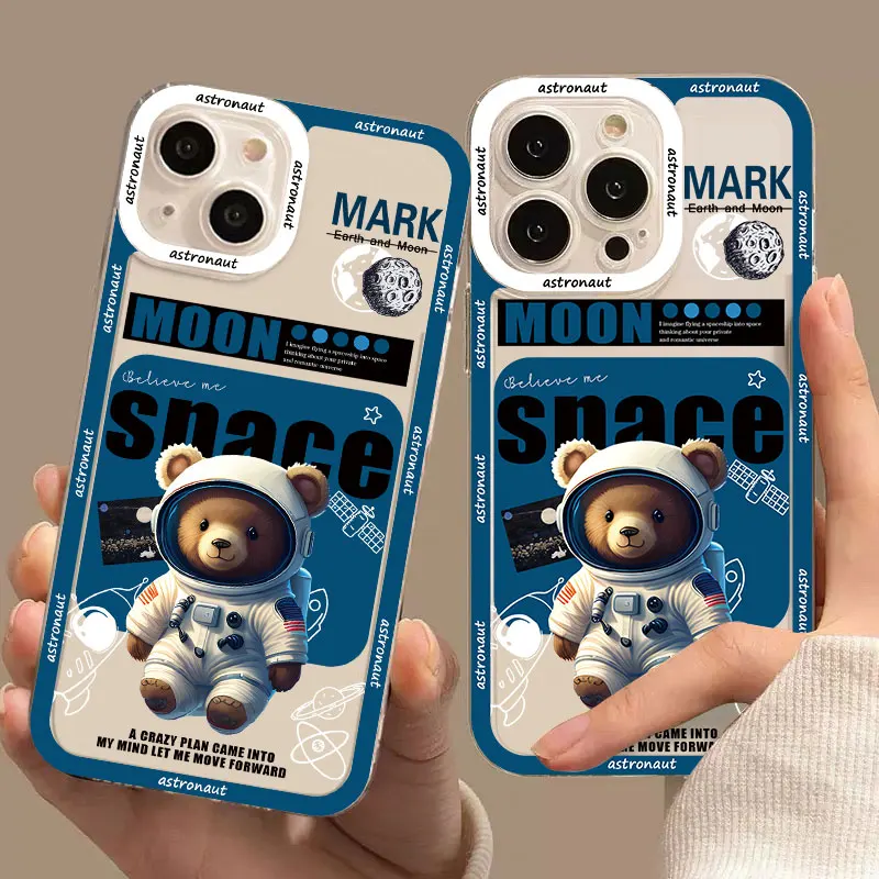 

Cute Cartoon Bear And Dog Astronaut Clear Phone Case For iPhone X XS XR 14 13 12 11 Pro MAX 7 8 Plus SE2 Transparent Back Cover