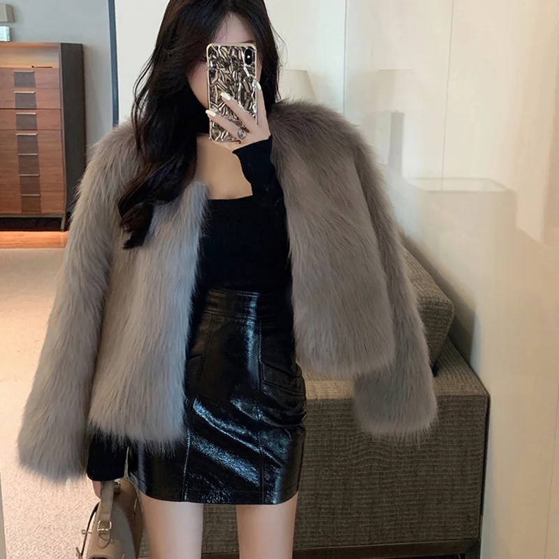 Winter Faux Fur Thick Warm Fur Coat Women's Korean Cardigan Round Neck Plush Coat Women's Long Sleeve Solid Color Coat