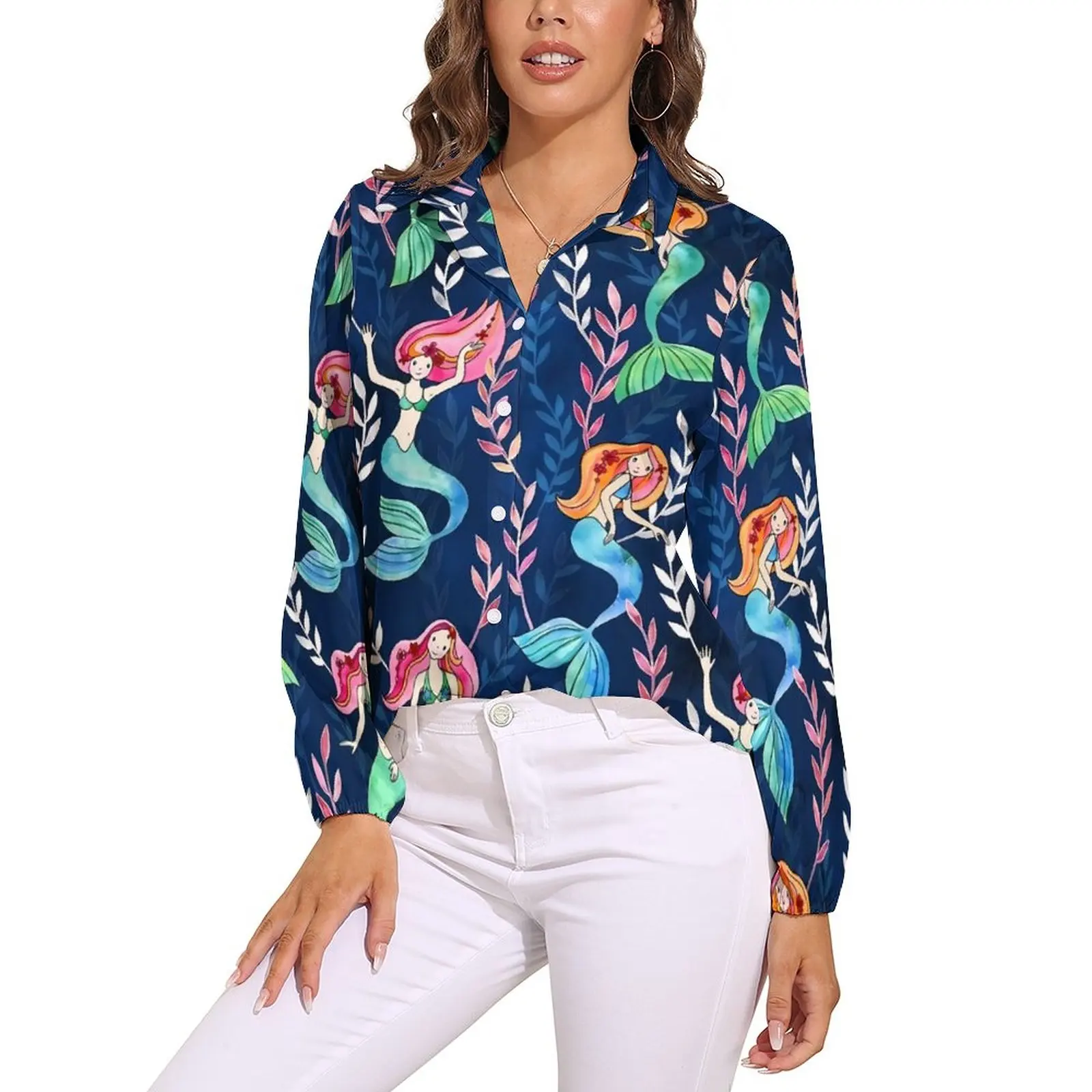 

Merry Mermaids Blouse Long-Sleeve Cute Fish Print Cute Blouses Women Casual Oversized Shirt Printed Clothes Gift Idea