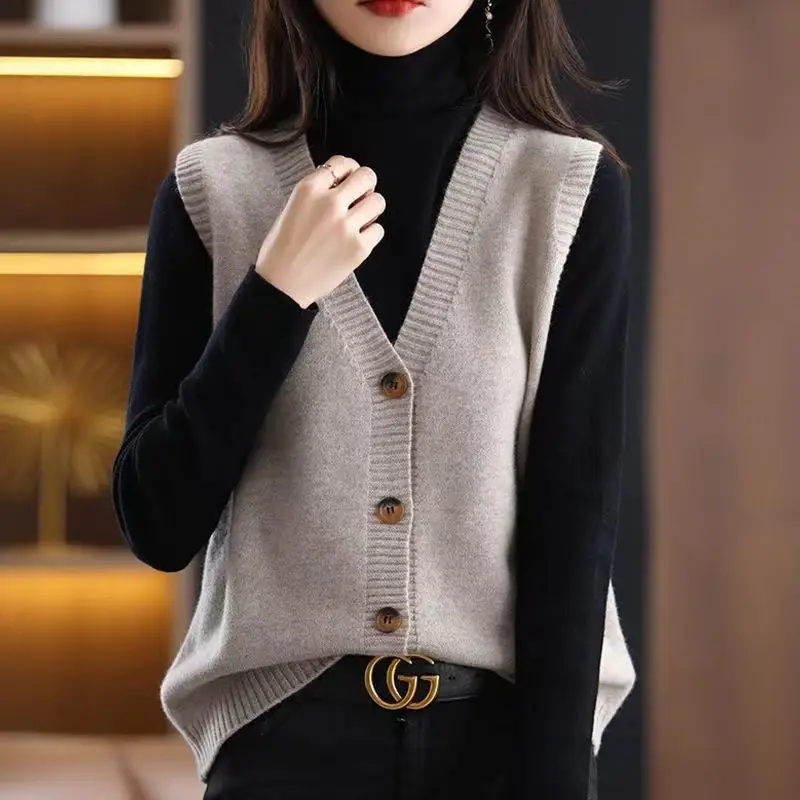 

Однотонный вязаный жилет, кардиган, Женский вязаный свитер без рукавов, жилет, новинка 2022 на раннюю весну, Перекрывающийся свитер, кардиган, ...