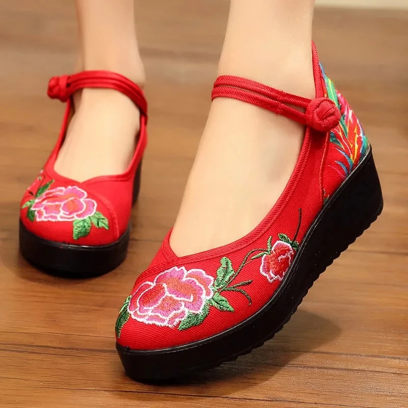 

Spring and Summer Women's Shoes Flat Bottom Slope Heel National Style Embroidered Shallow Fashion Square Dance Mother Shoes