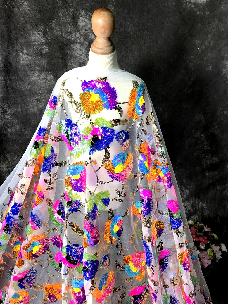 

Colorful Crystal Sequins Flower Shiny Mesh Dress High-end Custom Dress Designer Fabric Embroidered Fabric