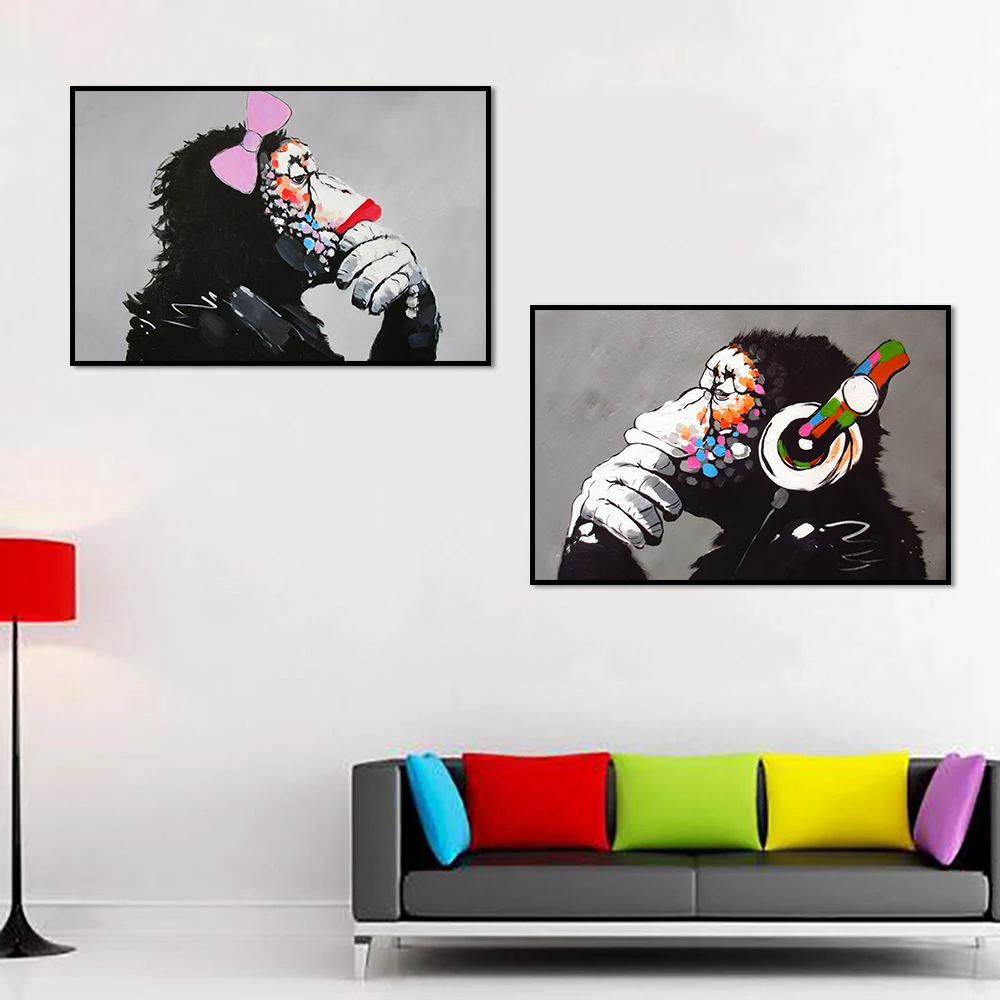 

Thinking Gorilla Ape Chimp Boy Girl Canvas Painting Wall Art Print Abstract DJ Monkey Animal Poster For Living Room Home Decor